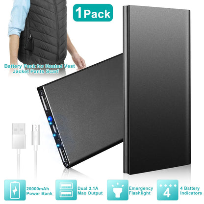 5V 2.1A Power Bank for Heated Vest  20000Mah Battery Pack for Heated Jacket, Dual USB Power Bank for Heated Clothing Blanket Gloves for Men Women, Black